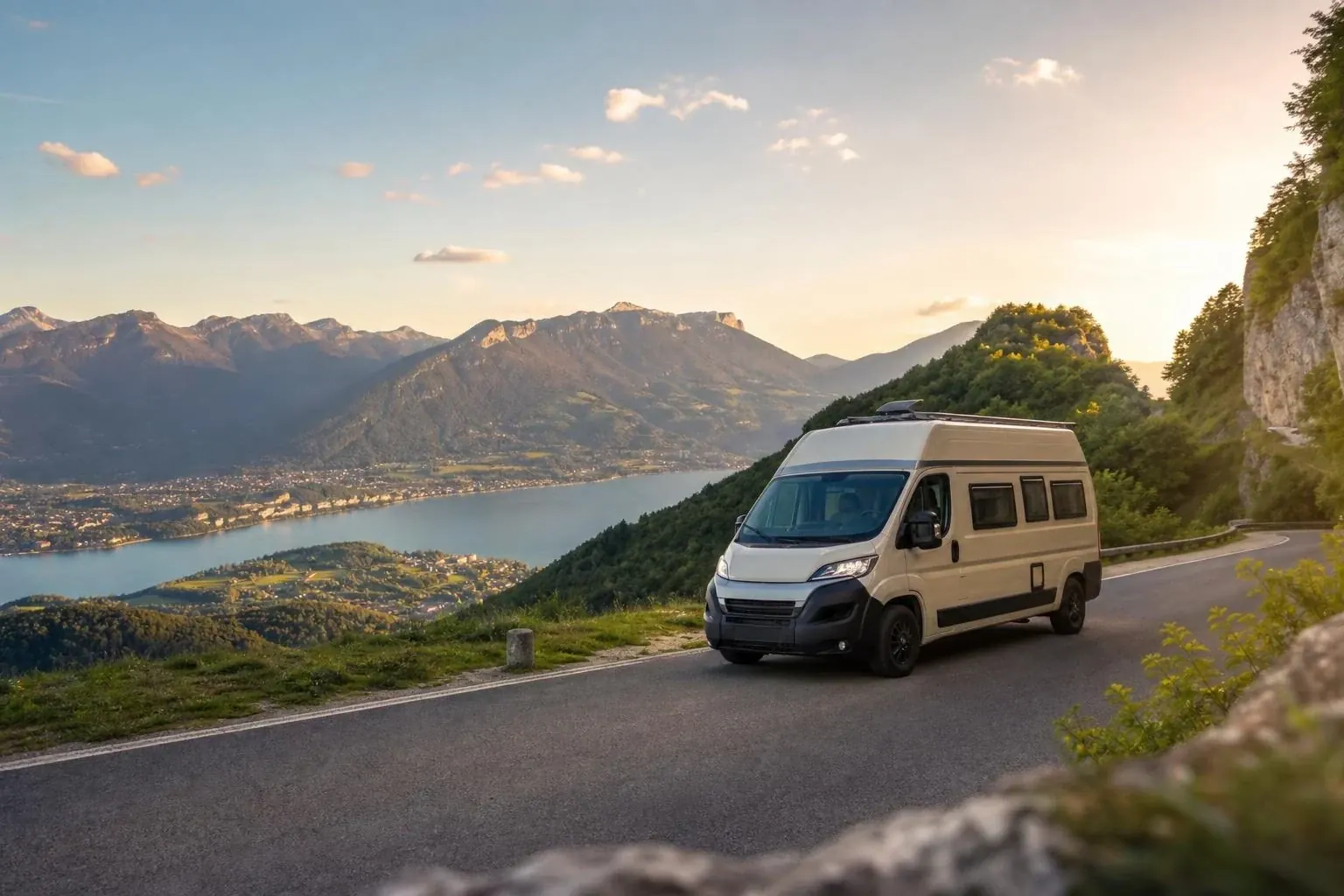 Fourgon aménagé sur une route en corniche au-dessus d’un lac alpin bordé de villages, sommets éclairés par le soleil bas