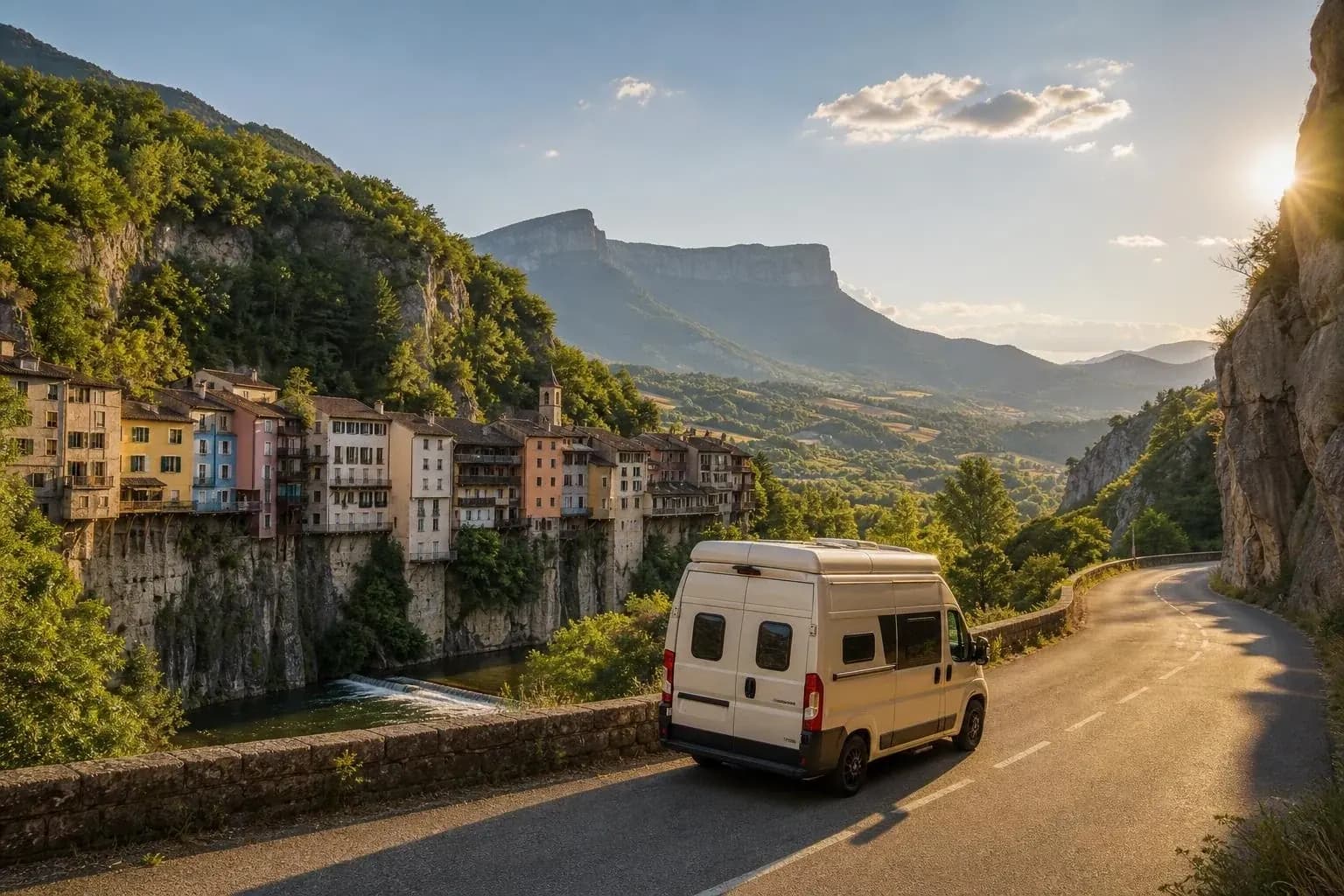 Fourgon aménagé sur une route bordée d’un parapet de pierre, face aux maisons suspendues au-dessus de la rivière et aux falaises du Vercors